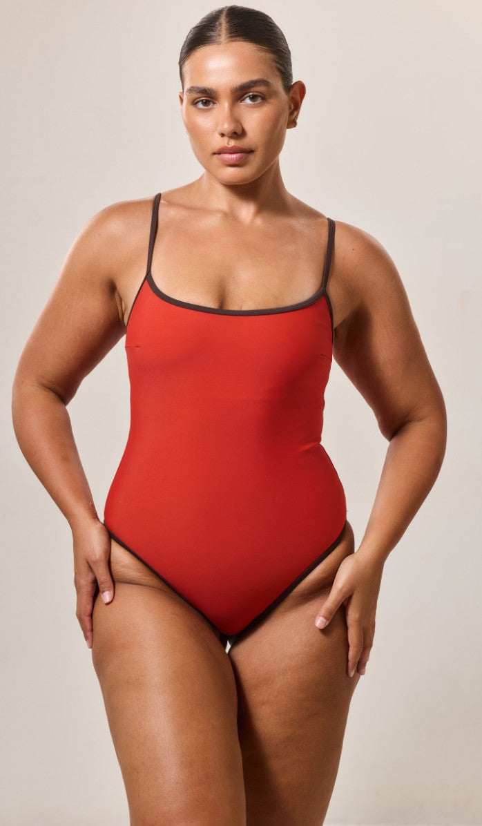 Red one-piece swimsuit with thin straps-front