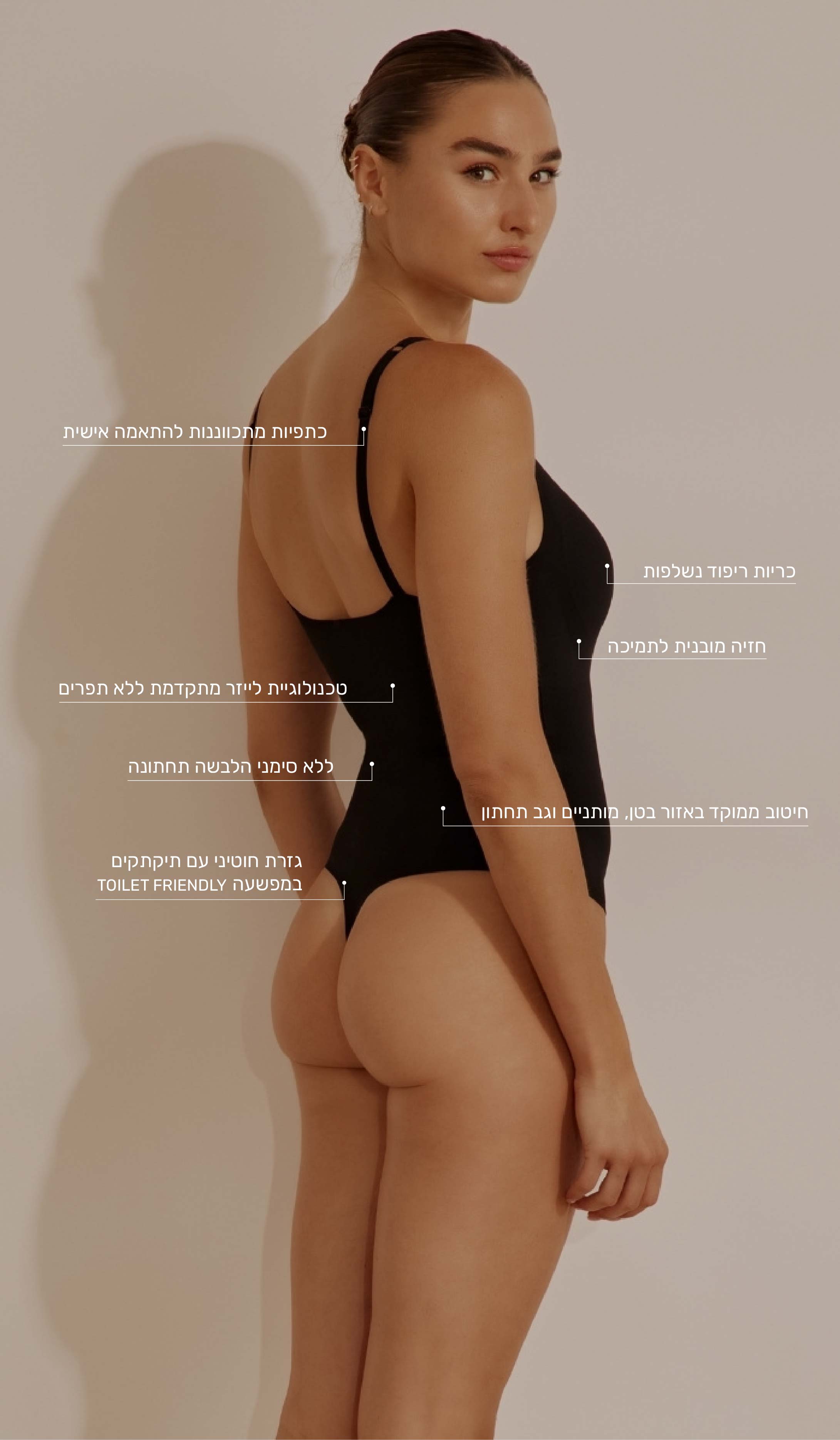 בגד גוף מחטב בגזרת חוטיני - שחור