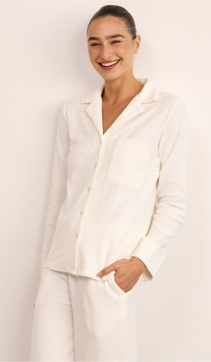 סט מכופתר מבד בוקלה - לבן