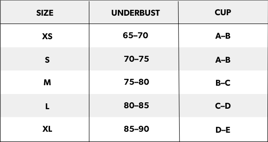 חזית סטרפלס - שחור — size chart cm