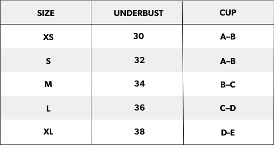 חזית סטרפלס - שחור — size chart cm