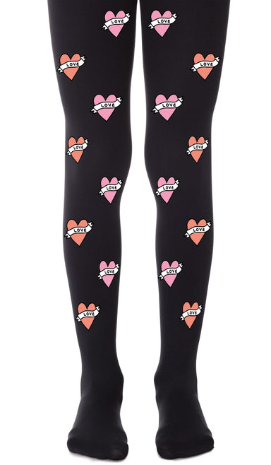 גרביון ילדות שחור עם הדפס לבבות 