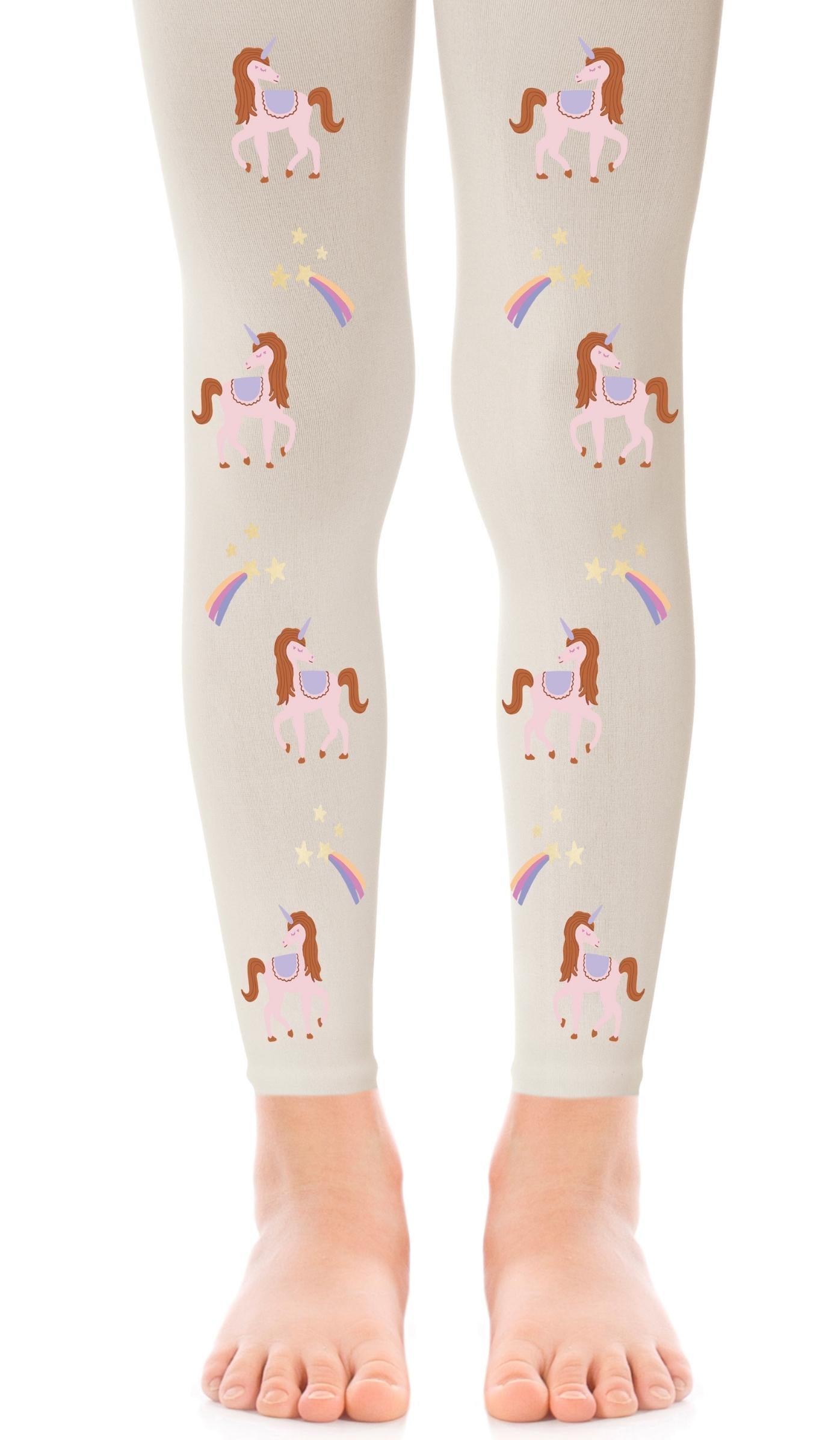 גרביון ילדות קרם ללא כף רגל עם הדפס חד קרן