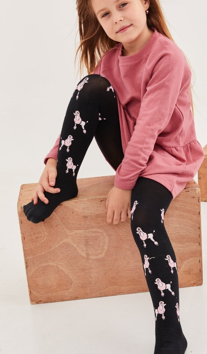 גרביון ילדות שחור עם הדפס פודלים ורודים