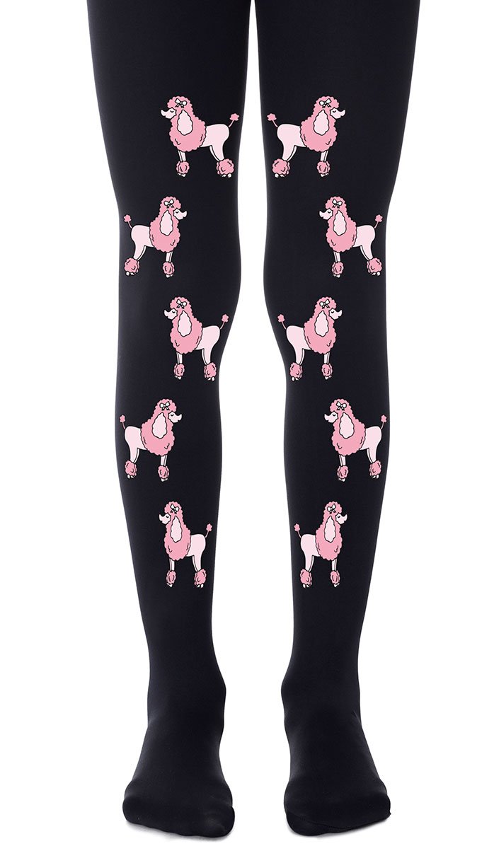 גרביון ילדות שחור עם הדפס פודלים ורודים