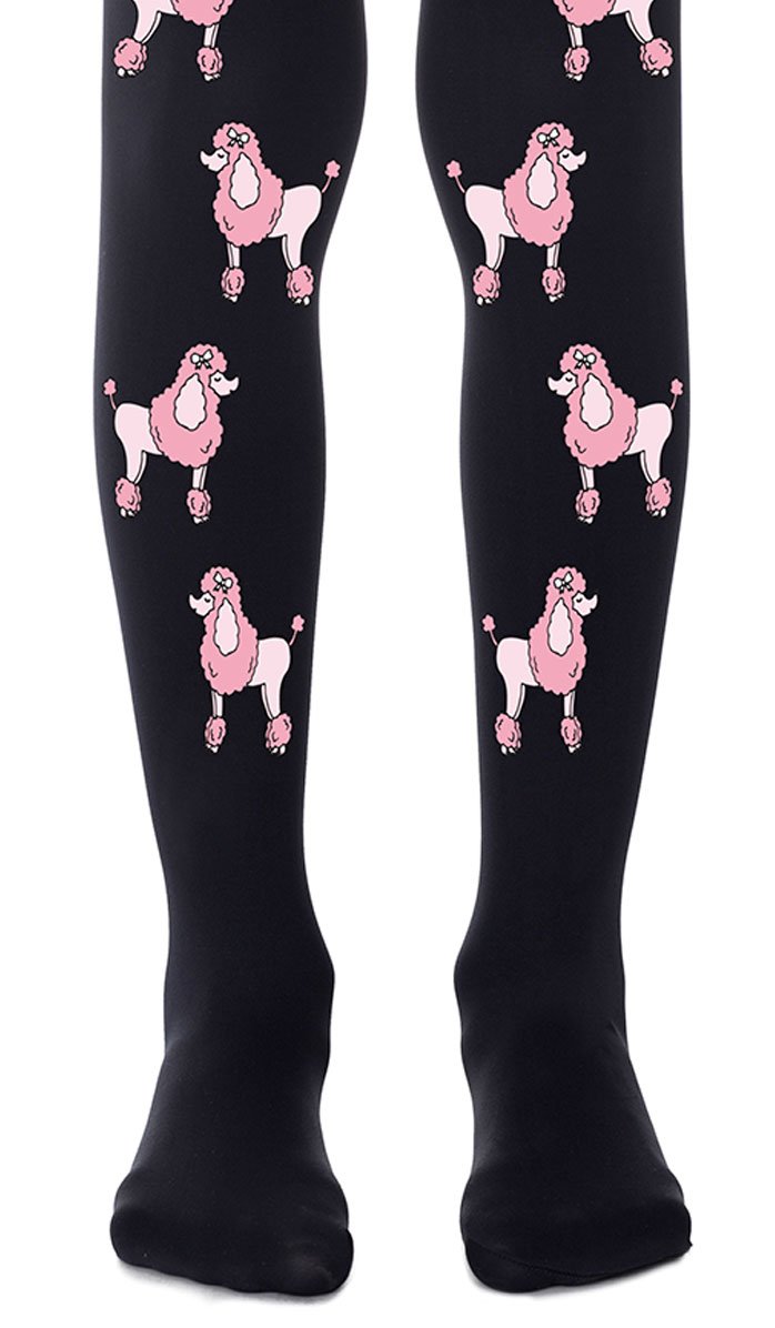 גרביון ילדות שחור עם הדפס פודלים ורודים